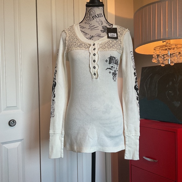 Affliction Tops - NWT Crochet Thermal Henley by Affliction